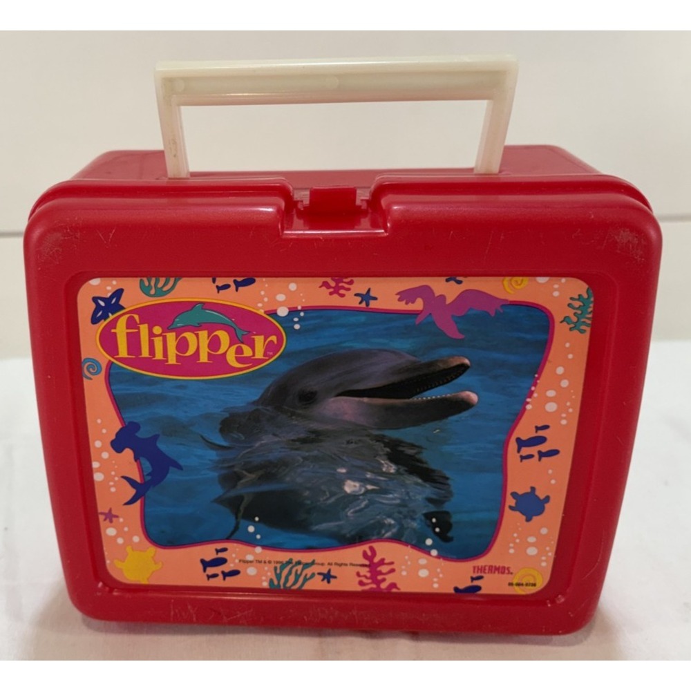 Vintage 1996 Flipper Red Plastic Lunchbox and Thermos Dolphin TV Show